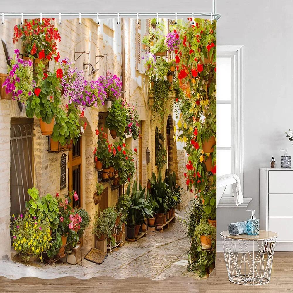 Vintage European Style Street View Shower Curtain Street View Old Stone Wall Plant Bathroom Curtain Bath Decoration