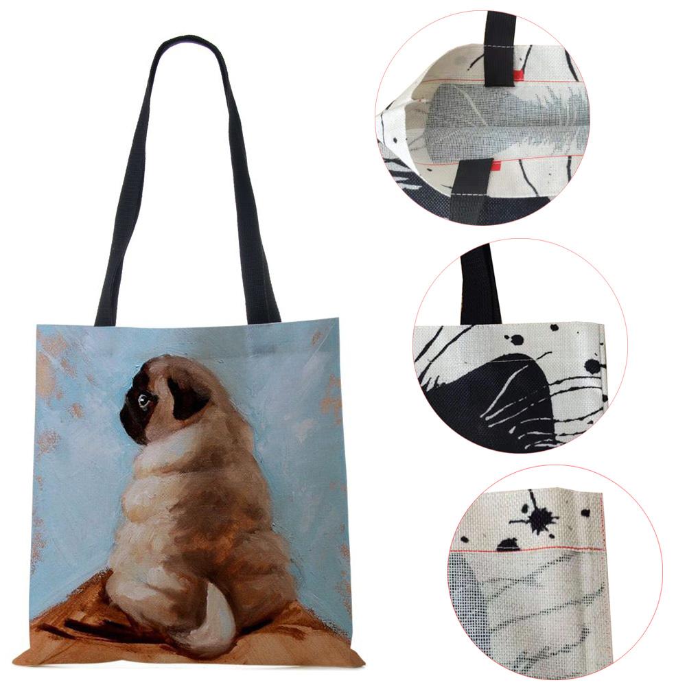 Dog Women Shoulder Bag Shopper Canvas Casual Grocery Handbag Eco Reused Print Painting Vintage Large Capacity Tote Books Bag CLE