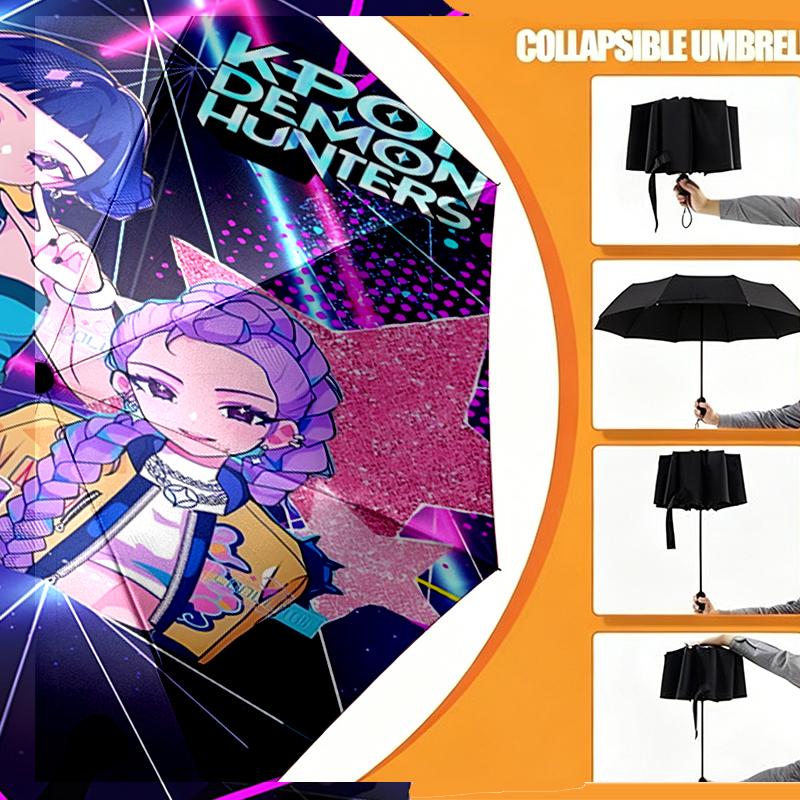 Ombrello KPop Demon Hunters con Stampa Apertura/Chiusura Automatica - Design Pieghevole Portatile - Uso Quotidiano per Viaggi/Outdoor - Regalo per Compleanno