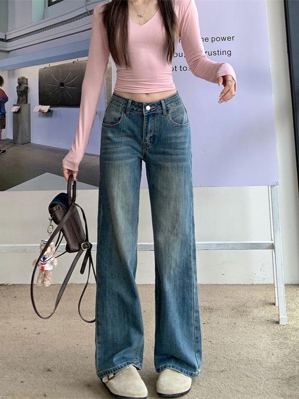 Pantalon en Denim Bleu Rétro Jambe Droite pour Femme - Amincissant Long jusqu'au Sol, Micro-Élastique, Automne/Hiver 2025