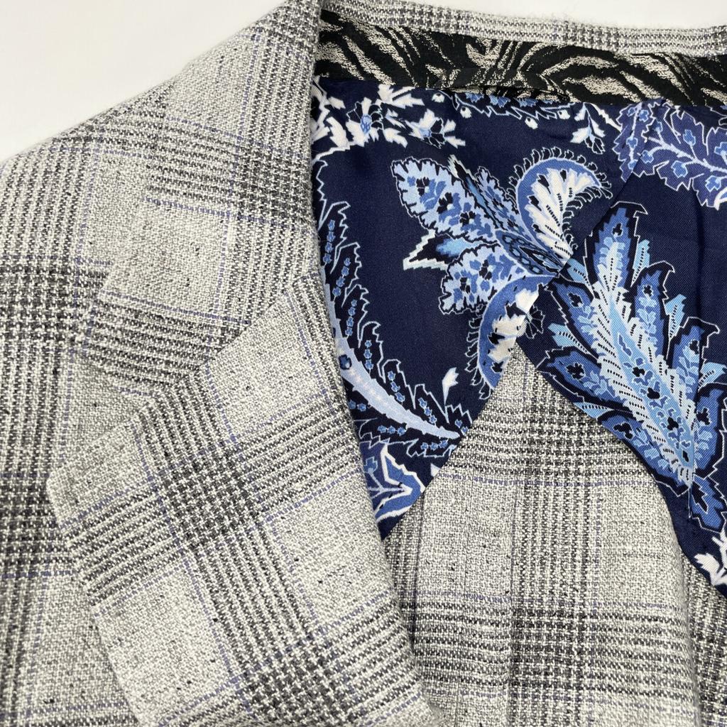 ETRO 2010 Gray Silk Linen Wool Glen Check 2B Tailored Jacket Jacket 60 grayUsed