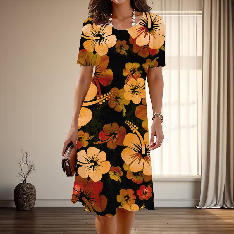 

Женская мода изящный цветочный принт лето весна короткий рукав О-образный вырез повседневные платья 2XL оранжевый