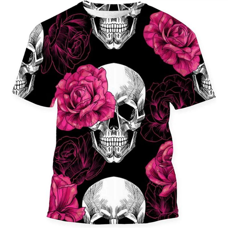 XXS-6XL Plus Size T-shirt Retro Dödskalle Ros Grafik Herr T-shirt För Män Sommarmode Casual Kortärmad T-shirts 3D-tryckta Toppar