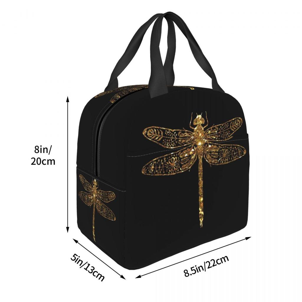Fancy Gold Glitter Dragonfly Insulated Lunch Bag for Women Kids Leakproof Food Boxes Thermal Lunch Box Tote