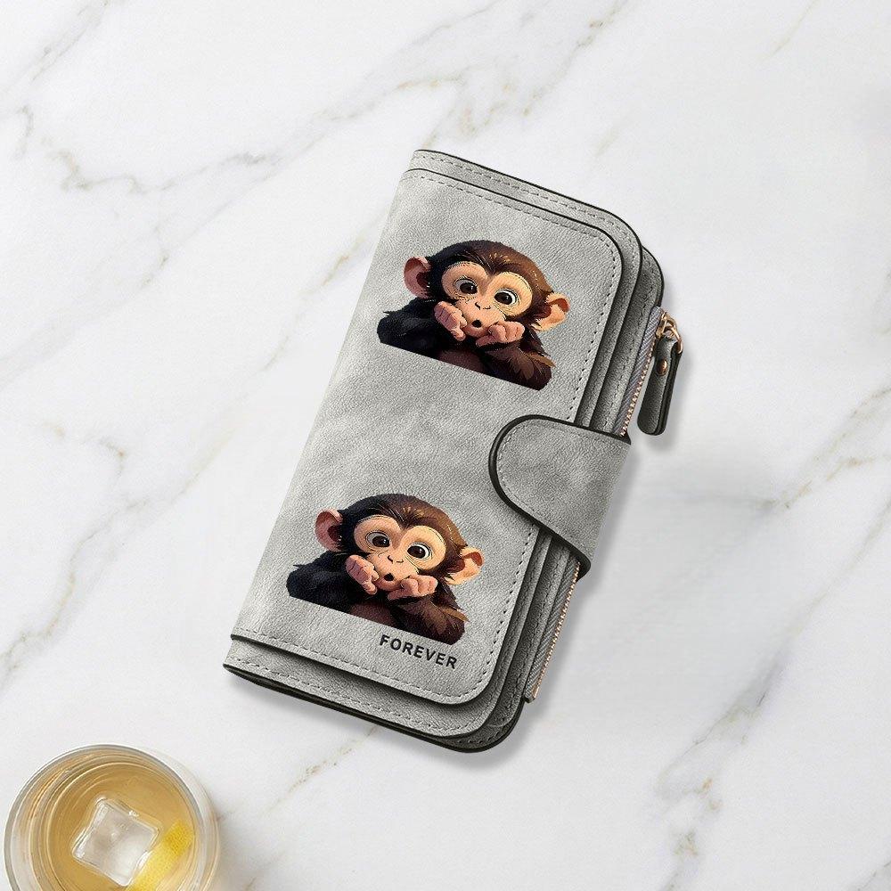 Printed Long Wallet with a Close-up Image of a Surprised Little Monkey. Multifunctional Portable Coin Purse with Snap Closure. Unisex, Suitable As a