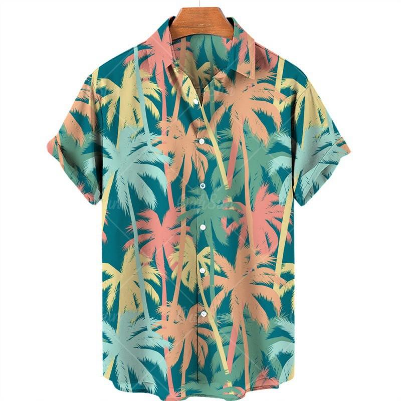 Summer New Large Size Men's Fashion Leaf 1D Digital Printing Shirt Hawaiian Casual Short Sleeve