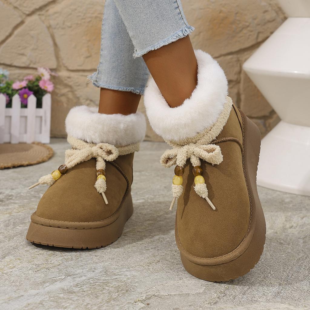 Damen Schneestiefel Runde Zehenpartie Plateausohle Schmetterlingsknoten Schnürung Perlen Baumwollstiefel Freizeit Allround Winterstiefel mit Fellfutter