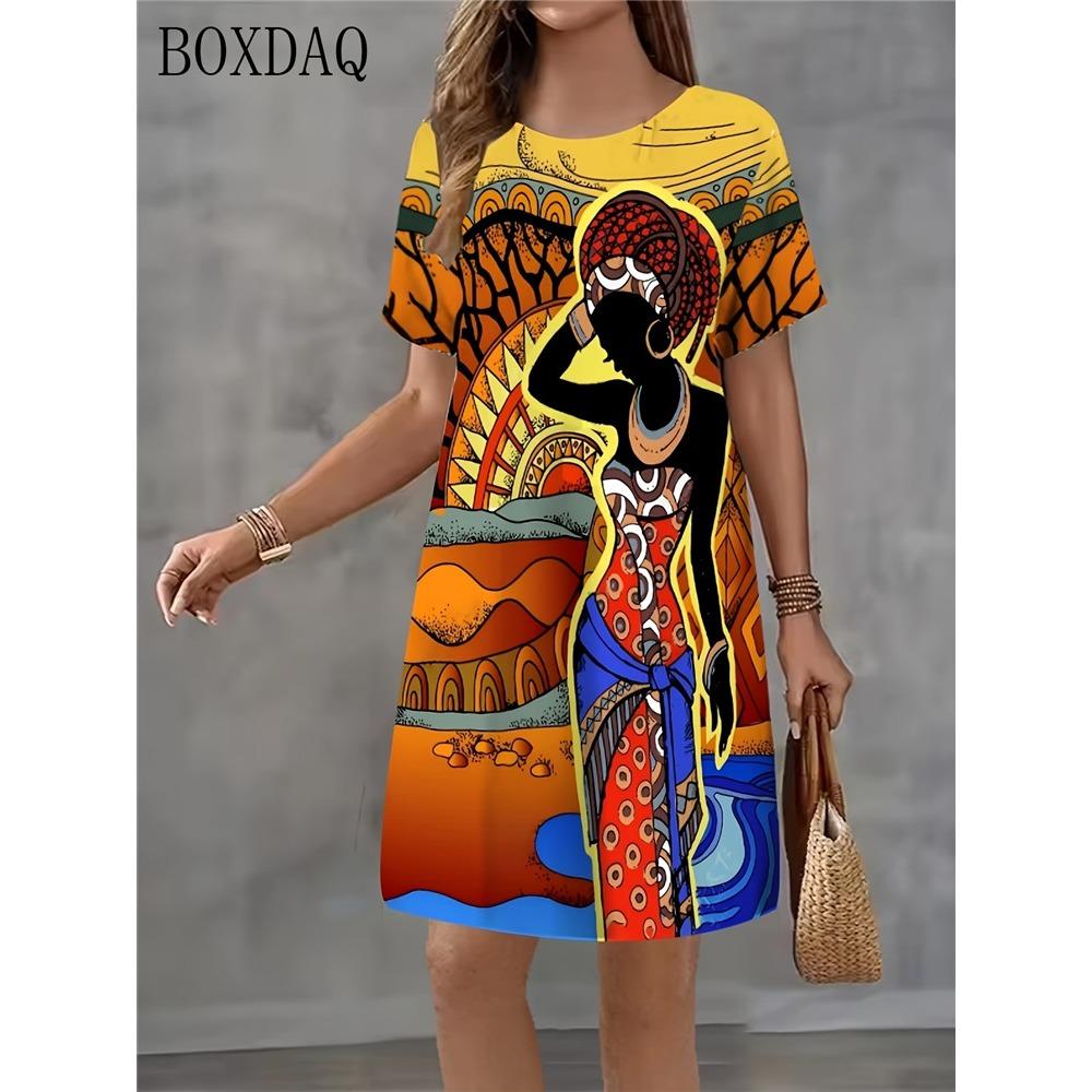 Summer Women's Casual Dress Short Sleeved Round Neck Ethnic Style Printed Loose Dress