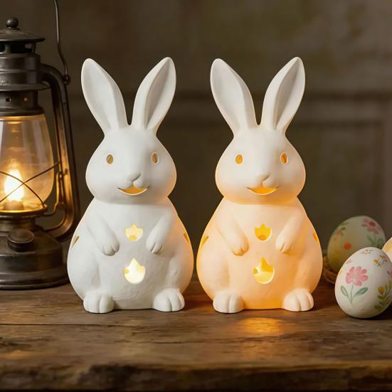 Easter Rabbit Candle Holder White Hollow-Out Bunny Tealight Holder Resin Rabbit Sculpture Candlestick Ornament with LED Candle for Home Mantel Table