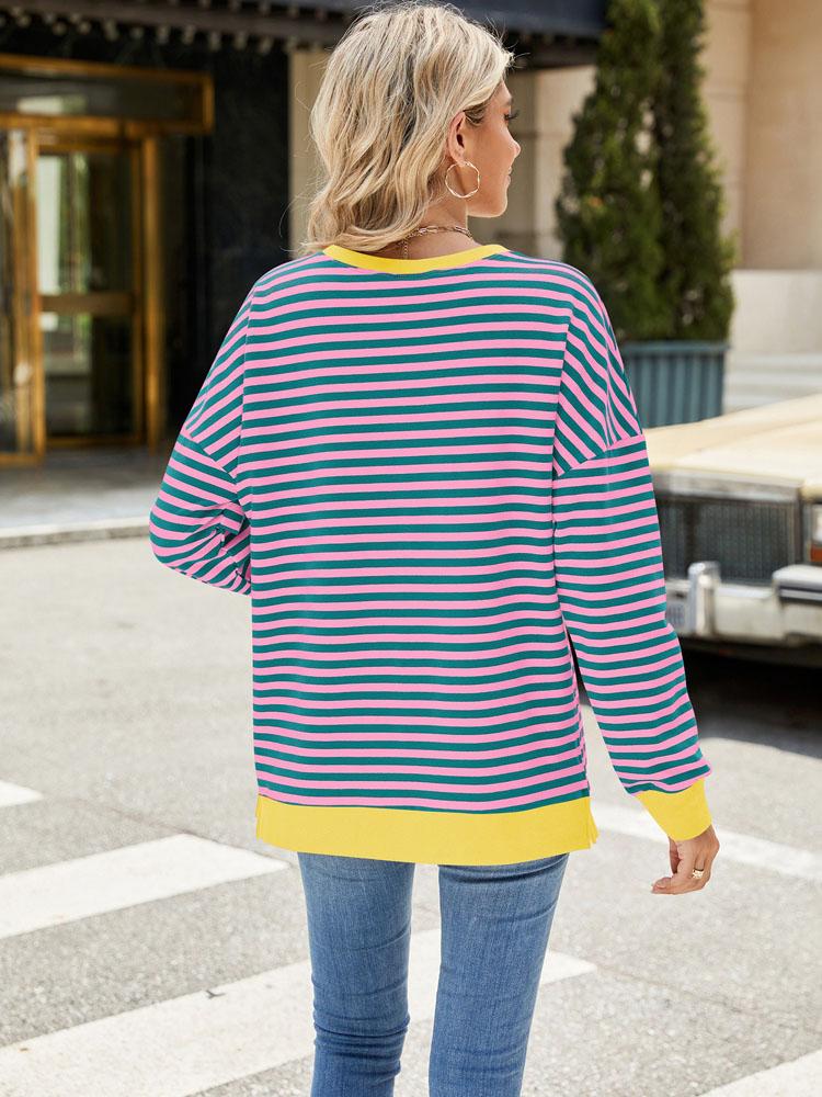Elegant and Fashionable Autumn and Winter Comfortable Round Neck Striped Splicing Open Loose Long-sleeved Sweater Jacket Pullover Shirt Hoodies