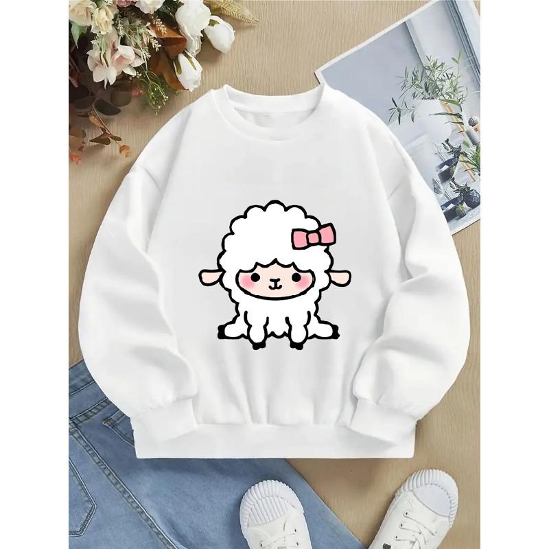 Kids Crewneck Sweatshirt, Cute Sheep with Pink Bow Graphic Print,Spring Autumn Casual Sport Tops 110 белый