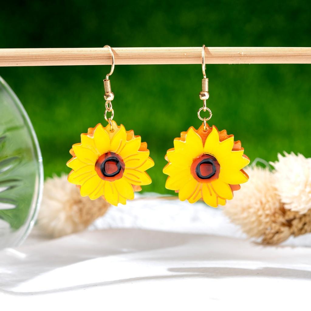 Summer Fresh Pastoral Acrylic Sheet Flower Sunflower Epoxy Girl Versatile Ear Hanging Earrings