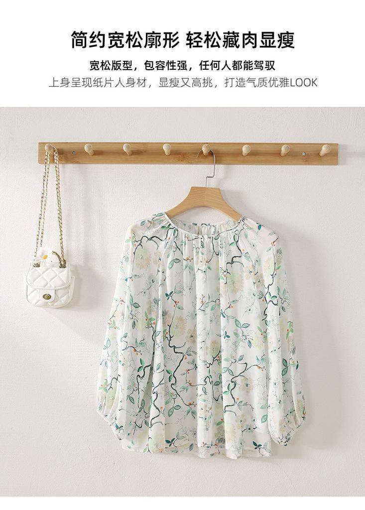100% mulberry silk printed shirt for women's 2026 spring fashion versatile round neck silk top