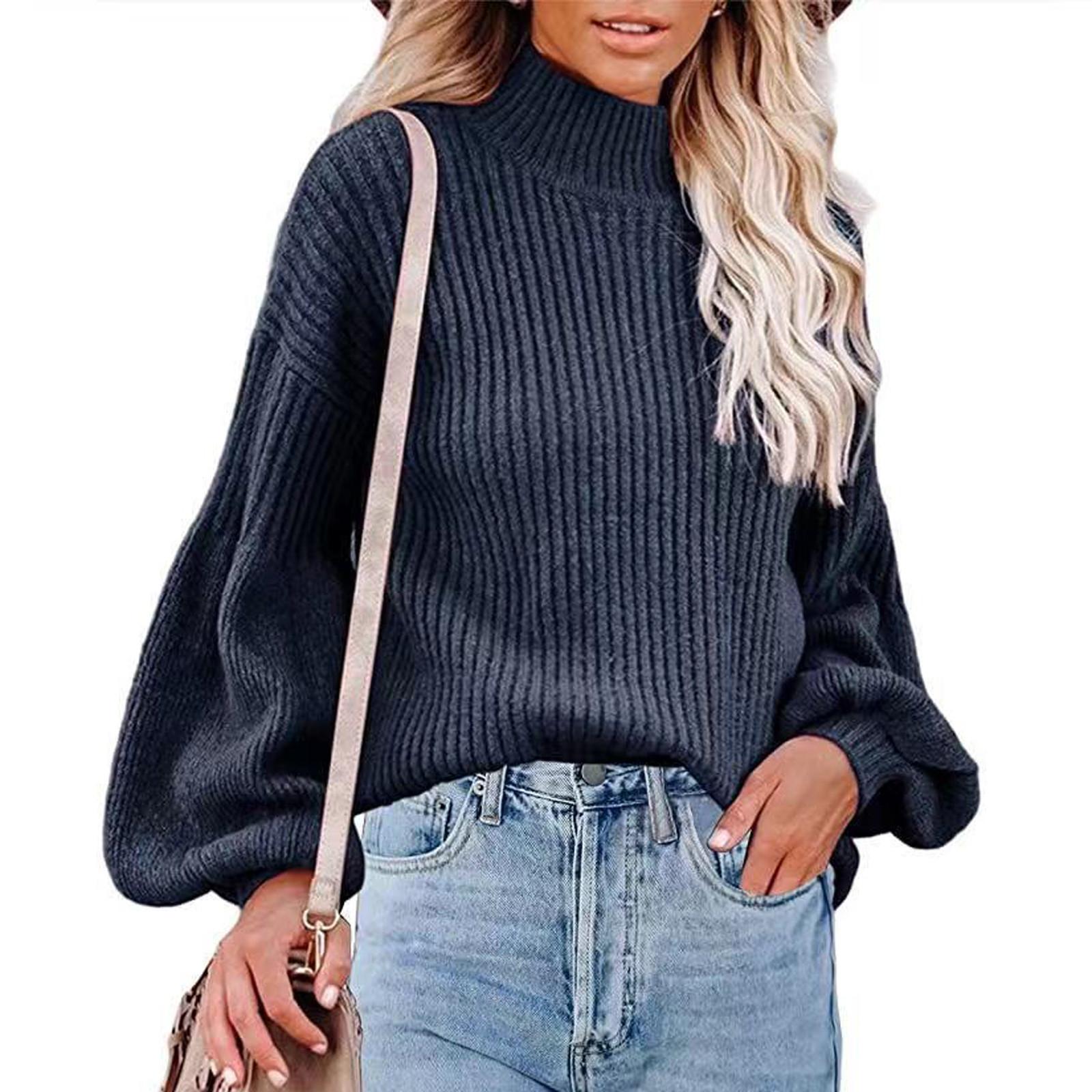 

Женский однотонный пуловер с высоким воротником и длинными рукавами, блузка, вязаный свитер M тёмно-синий