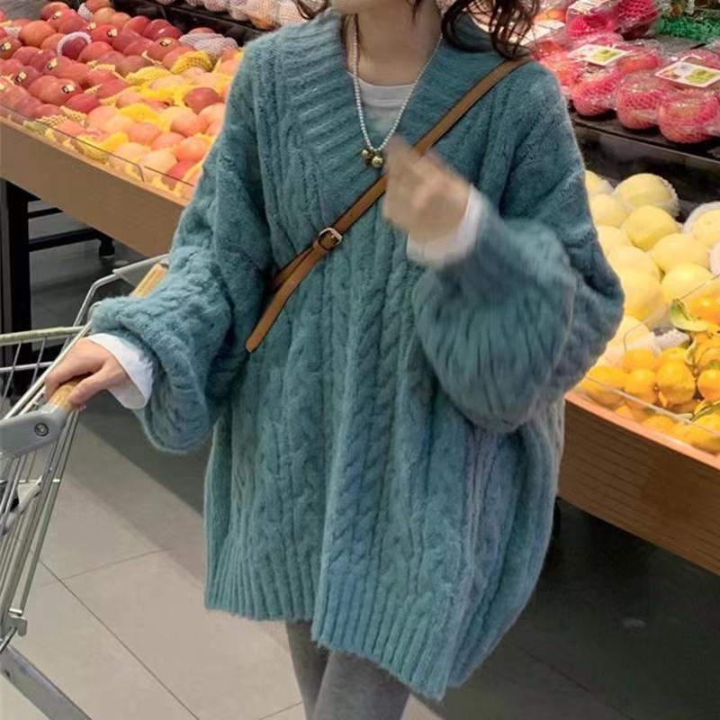 

Корейські великі зелені светри Жіночі вінтажні Lazy Wind Милі в’язані пуловери з V-подібним вирізом, осінній повсякденний вільний джемпер з довгим рукавом One Size синій