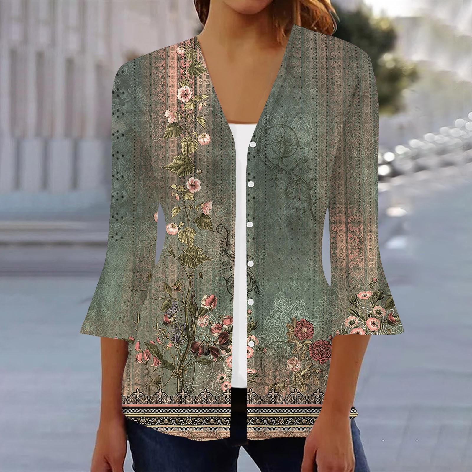 

Женская мода свободный повседневный принт с рукавом три четверти рубашка на пуговицах кардиган топ L