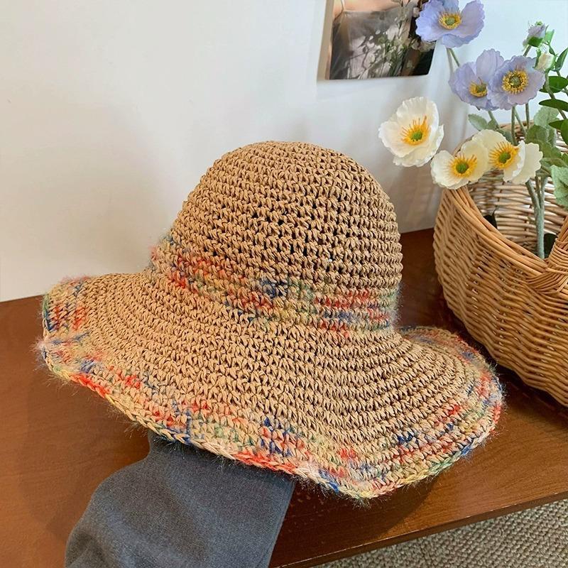 Hyunya Wind Colored Wood Beads Straw Hat Women's Summer Big Brim Straw Bucket Hat Foldable Seaside Sunshade Sunscreen Hat