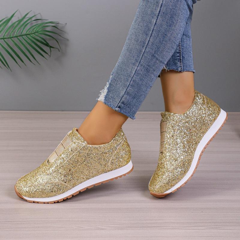Women's Sequined Rhinestone Elastic Comfortable Thick-Soled Peep-Toe Casual Slip-On Shoes, Versatile Footwear.