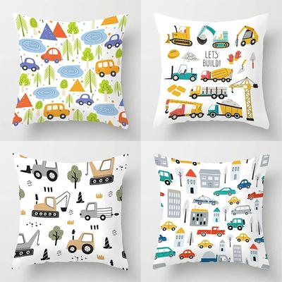 Colorful Vehicles And Buildings Double-Sided Printed Pillow Cover Short Plush Suitable Living Rooms Sofas Throw Cushion Cover
