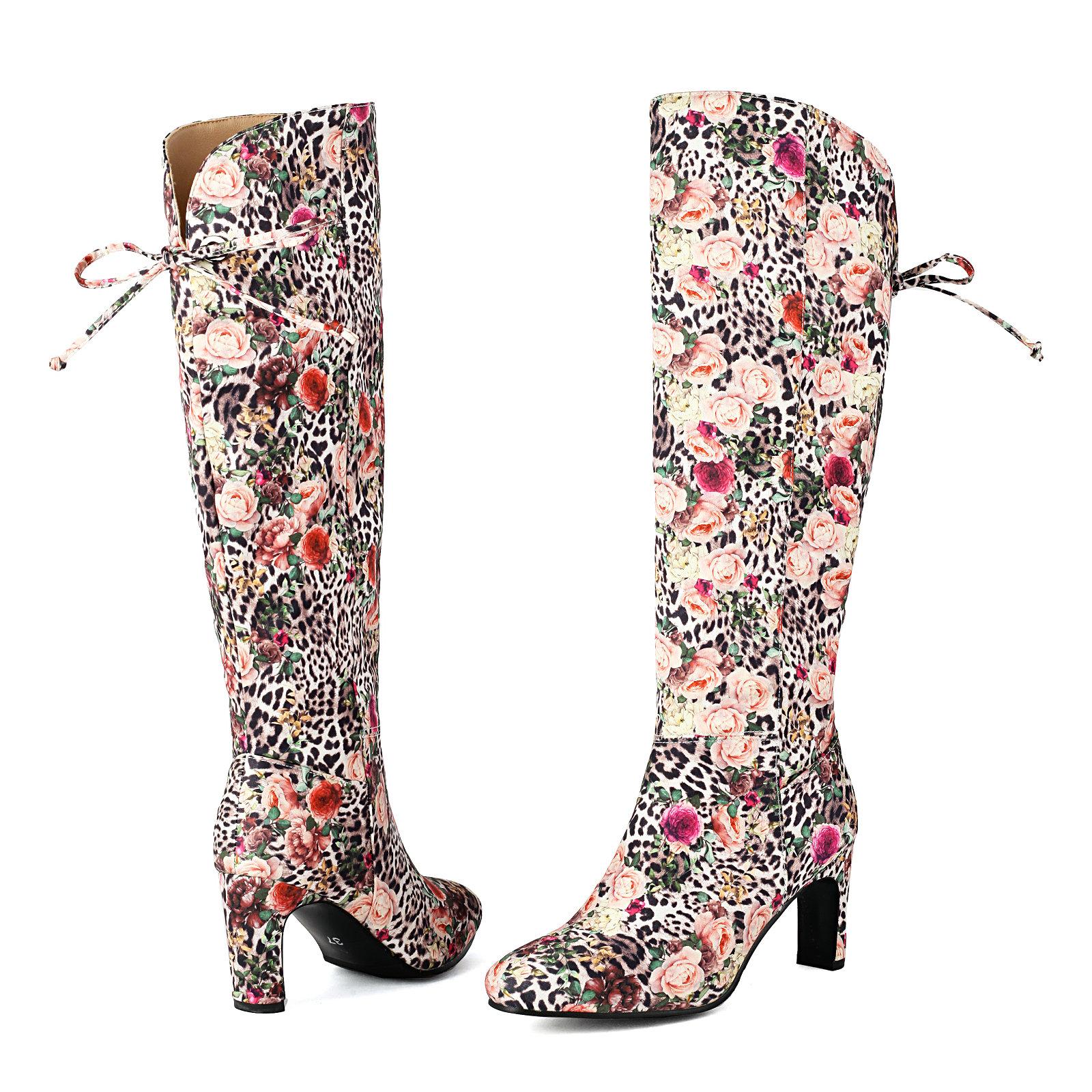 

2024 Winter Tall Boots Women s Sung Fit Knee High Boots Print Cloth Patchwork PU Mixed Colours 7.5cm Heels Shoes 35