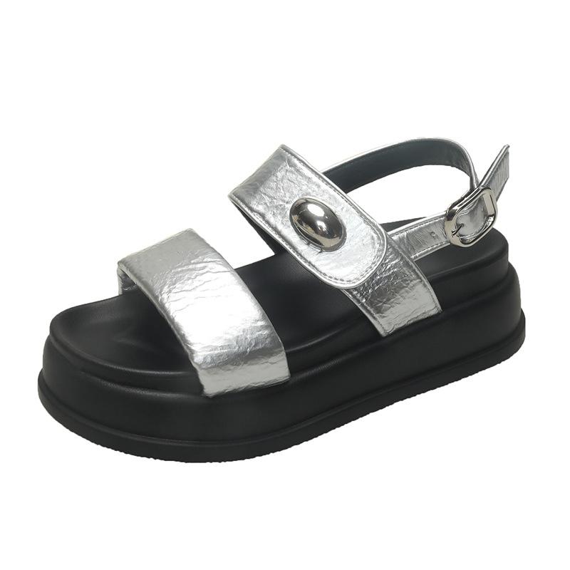 2025 Summer New Flat-bottomed Simple Wind One-word Buckle with Round Head Versatile and Thin Thick-soled Open-toed Muffin Sandals Women