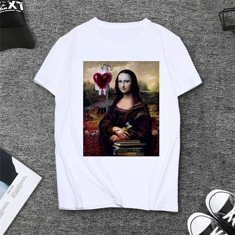 Summer Spoof Mona Lisa Drink Beer Print T Shirts Women Aesthetics Funny Casual Short Sleeves Tops Female Sleeved Harajuku