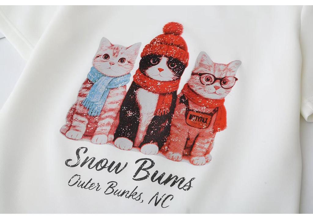 2026 Summer Korean Style Loose Fit Cartoon Cat Print Plus Size Pullover T-shirt for Women