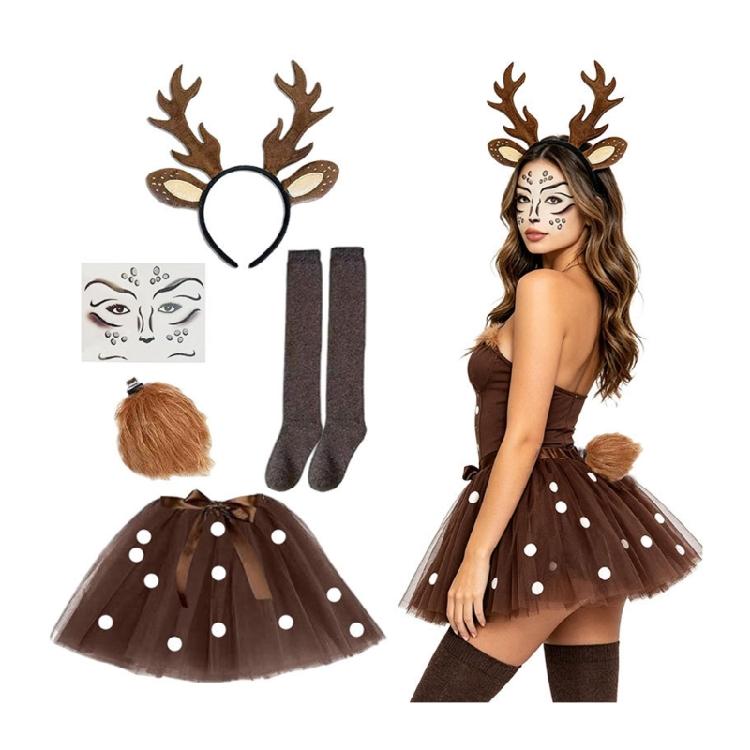 Antlers Reindeer Headband Fawn Tail Face Stickers Reindeer Costume for Christmas Halloween Party Deer Cosplay Costume