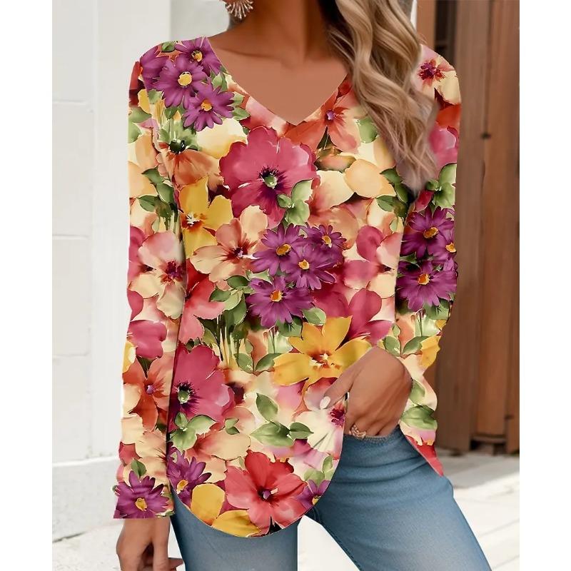 Spring and Autumn V-neck 3D Floral Graphic Printed Top Fashionable Elegant Casual Long Sleeved Women's T-shirts
