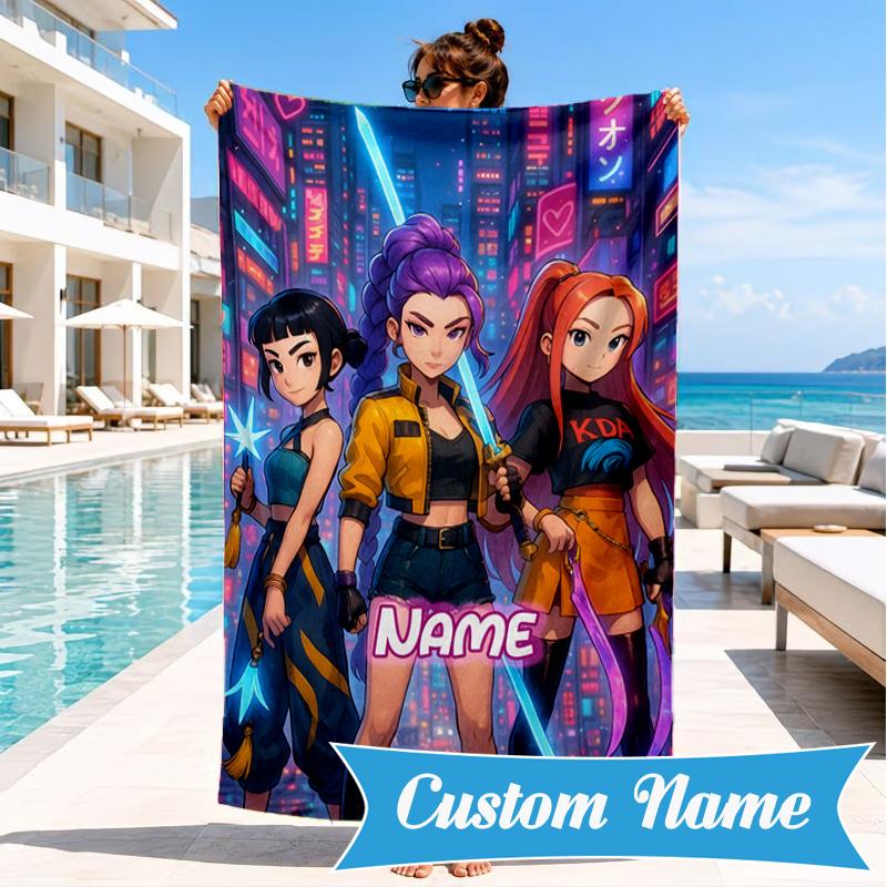 Custom Name KPop Cartoon Beach Towel Microfiber Beach Towel, Lightweight and Quick-Dry, for Summer Travel, Swimming Pool Gift