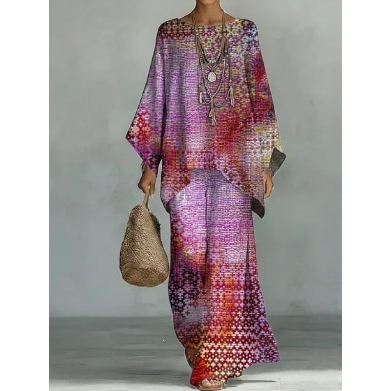 Cross-border independent station 2026 new round neck bat sleeve printing set bohemian lazy casual two-piece set S