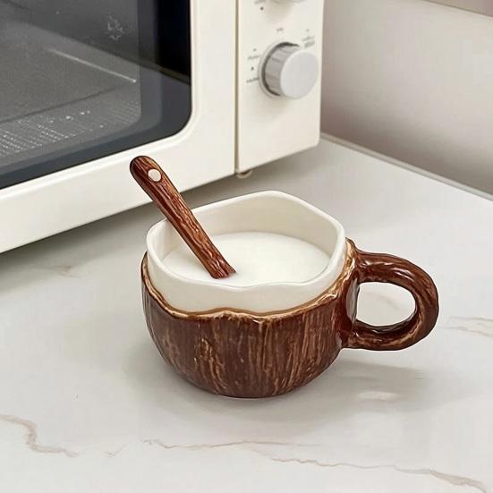 Durable Ceramic Oatmeal Bowl Vintage Coconut Shell Mug, Handmade Irregular Coffee Cup with Spoon, Heat Resistant Hot Drink Mug Rustic Texture