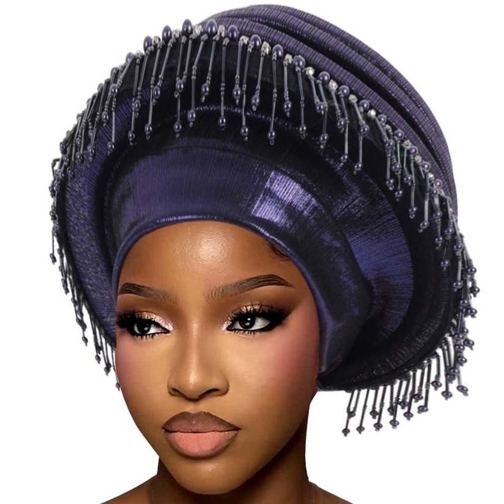 Layered African Turban Pre-tied Fringe Headwrap Pleated Bonnet Beaded Headtie  Festive Banquet темно-синий