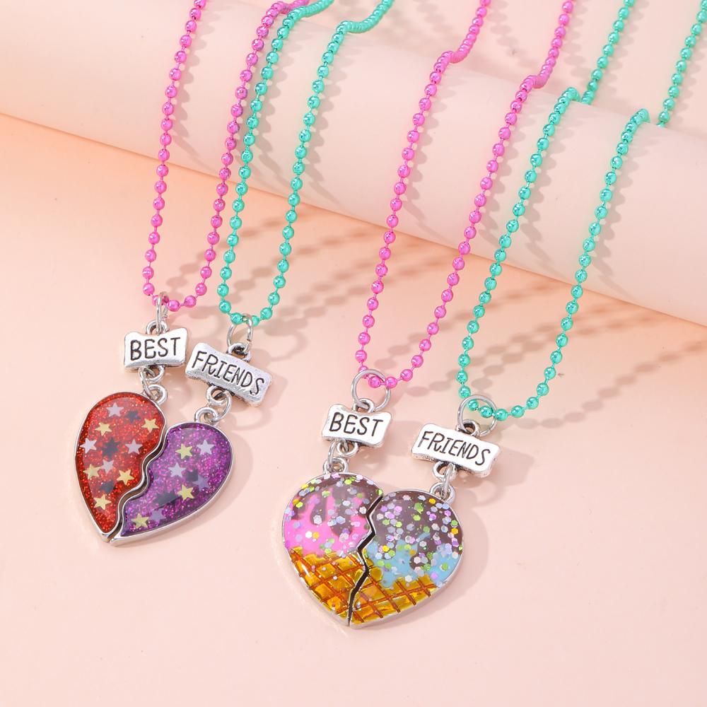 Set di 2 Collane con Ciondolo a Mezzo Cuore Colorato Catena con Perline Fascino Migliori Amici Choker Gioielli BFF Per Bambini Amicizia