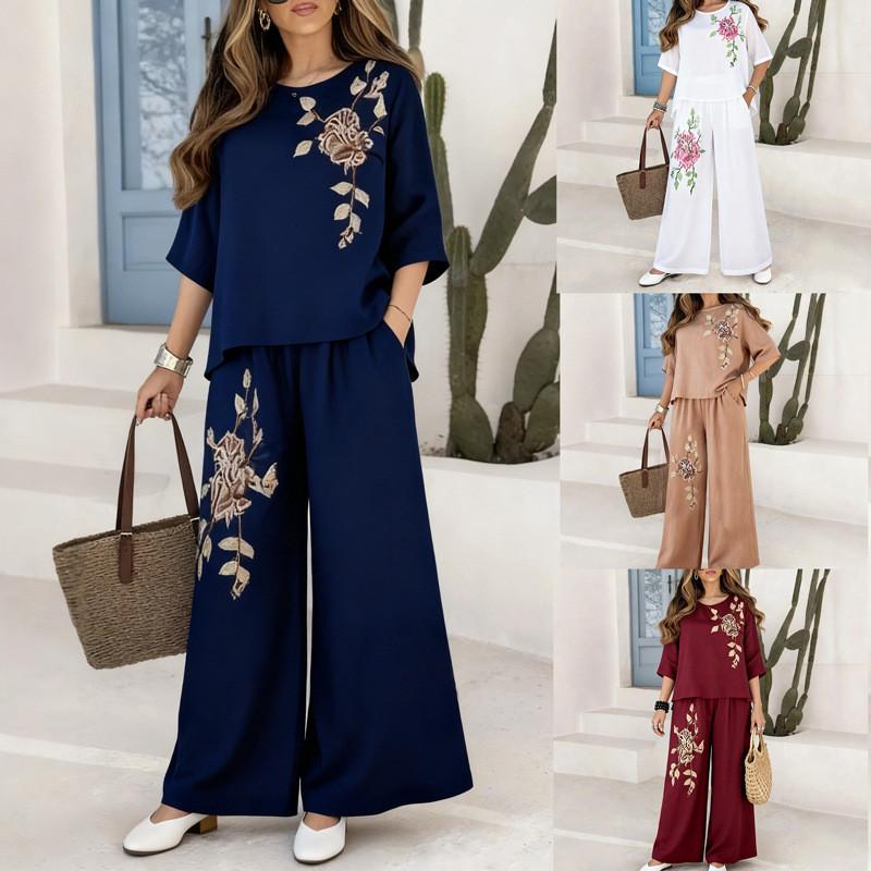 Vintage Plant Embroidery Cotton Linen Casual Pants Set For Women Summer Streetwear