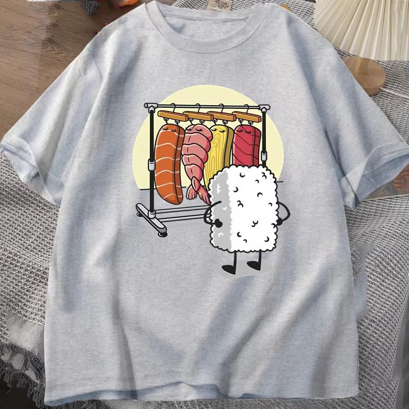 Sushi Garderob T-shirt Dam Herr Rolig Högkvalitativ T-shirt Bomull Grafiska T-shirts Lös Kortärmad Tryckt T-shirt Herr Toppar
