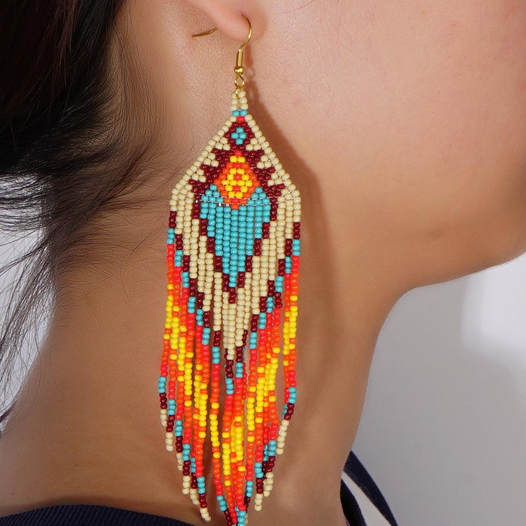Colorful tassel ethnic style earrings, vintage Bohemian women's earrings