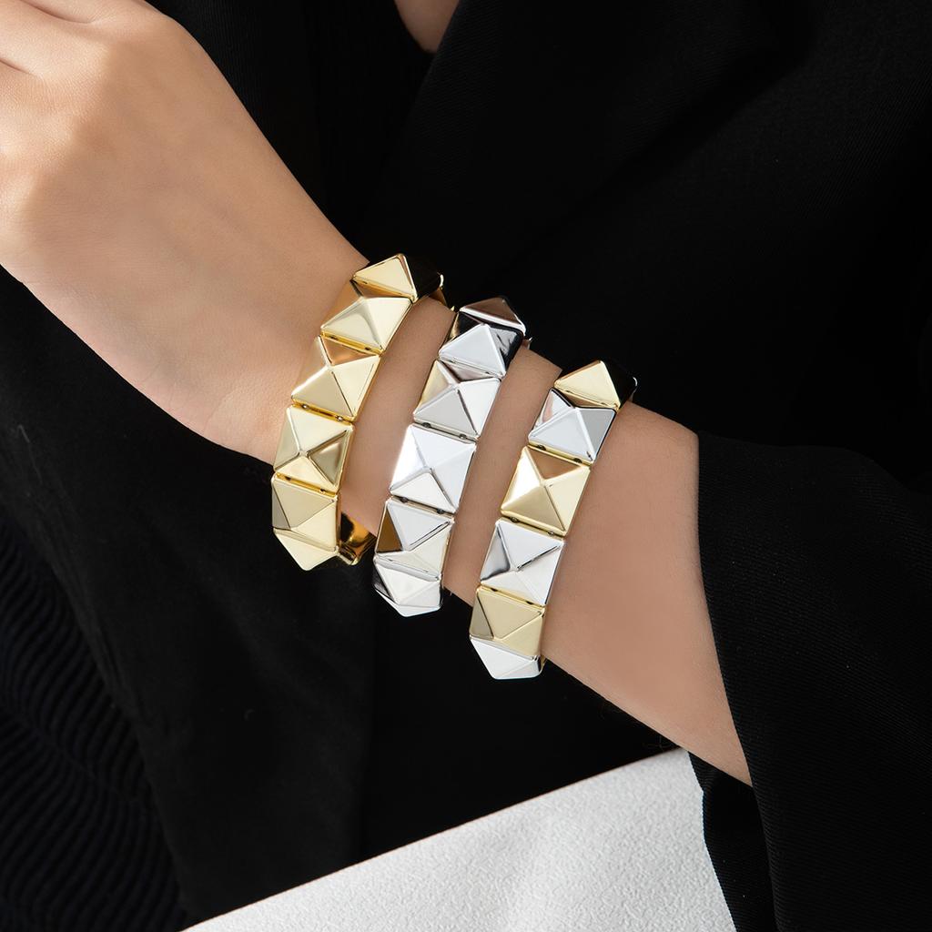 Wide-Faced Gold And Silver Interspersed Rhombus Bracelet, Light Luxury And High-End Sense Exaggerated Fashion Temperament Jewelry Women
