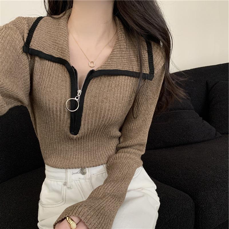 

Lapel Half-zipper Sweater Women s Autumn Slim Casual Pullover Long-sleeved Knitted Sweater S хаки