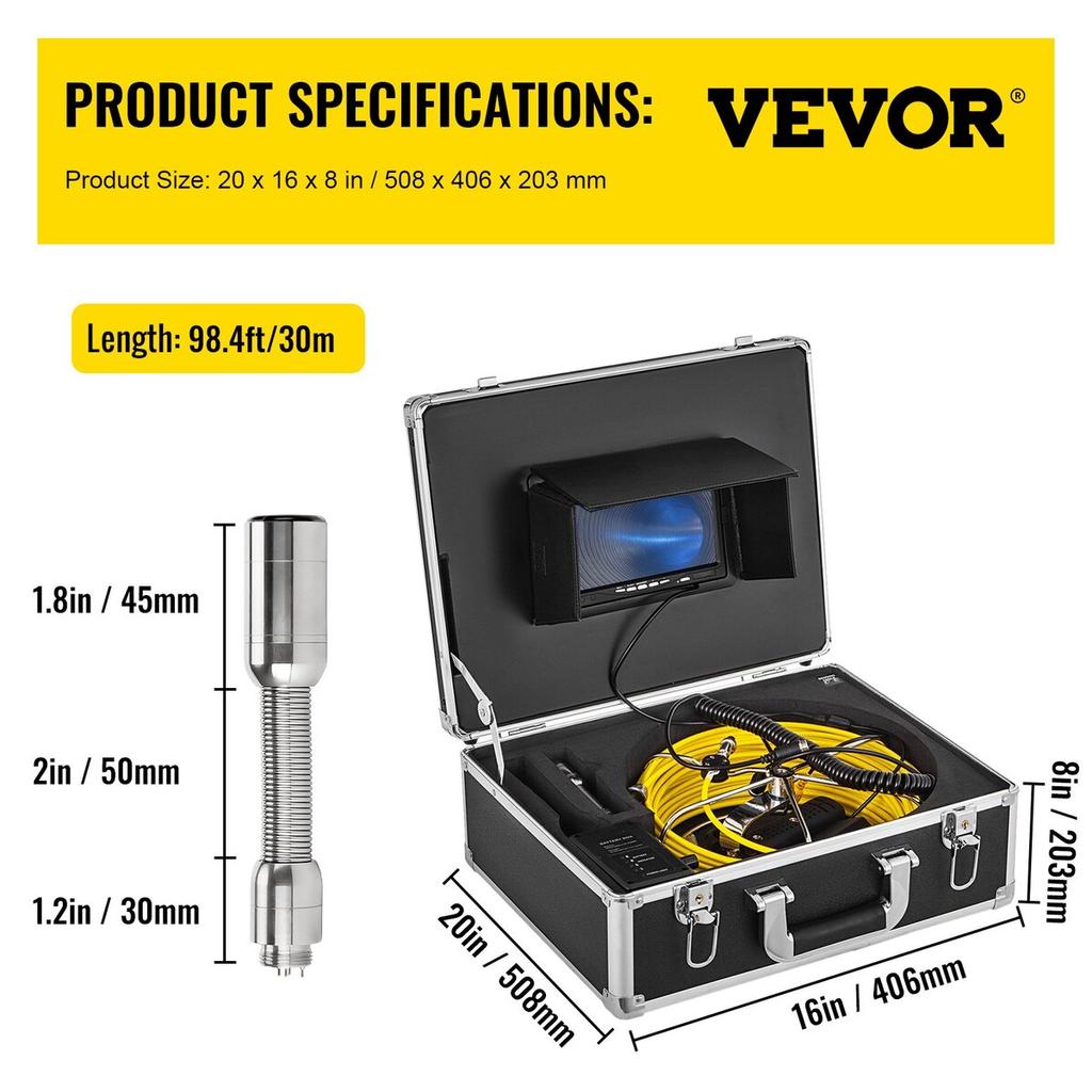 30M Sewer Inspection Video Camera 7” Monitor Pipeline Inspection Camera Drain Camera Industrial Endoscope HD DVR Recorder with 8GB Card