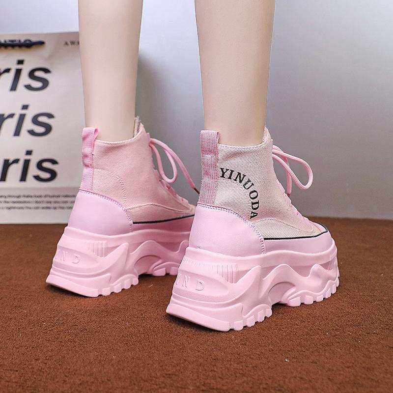 Fashion Women Ankle Boots Lace Up 8CM Sneakers High Platform Punk Boots Spring Autumn Black Chunky Motorcycle Boots Botas Mujer