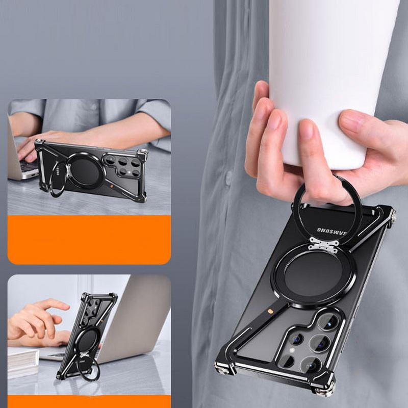 Aluminum Alloy Rimless Magnetic Case for Samsung S25 Ultra S24 Plus with 360 ° Rotation Metal Stand for Magsafe Buffer Hard Cover