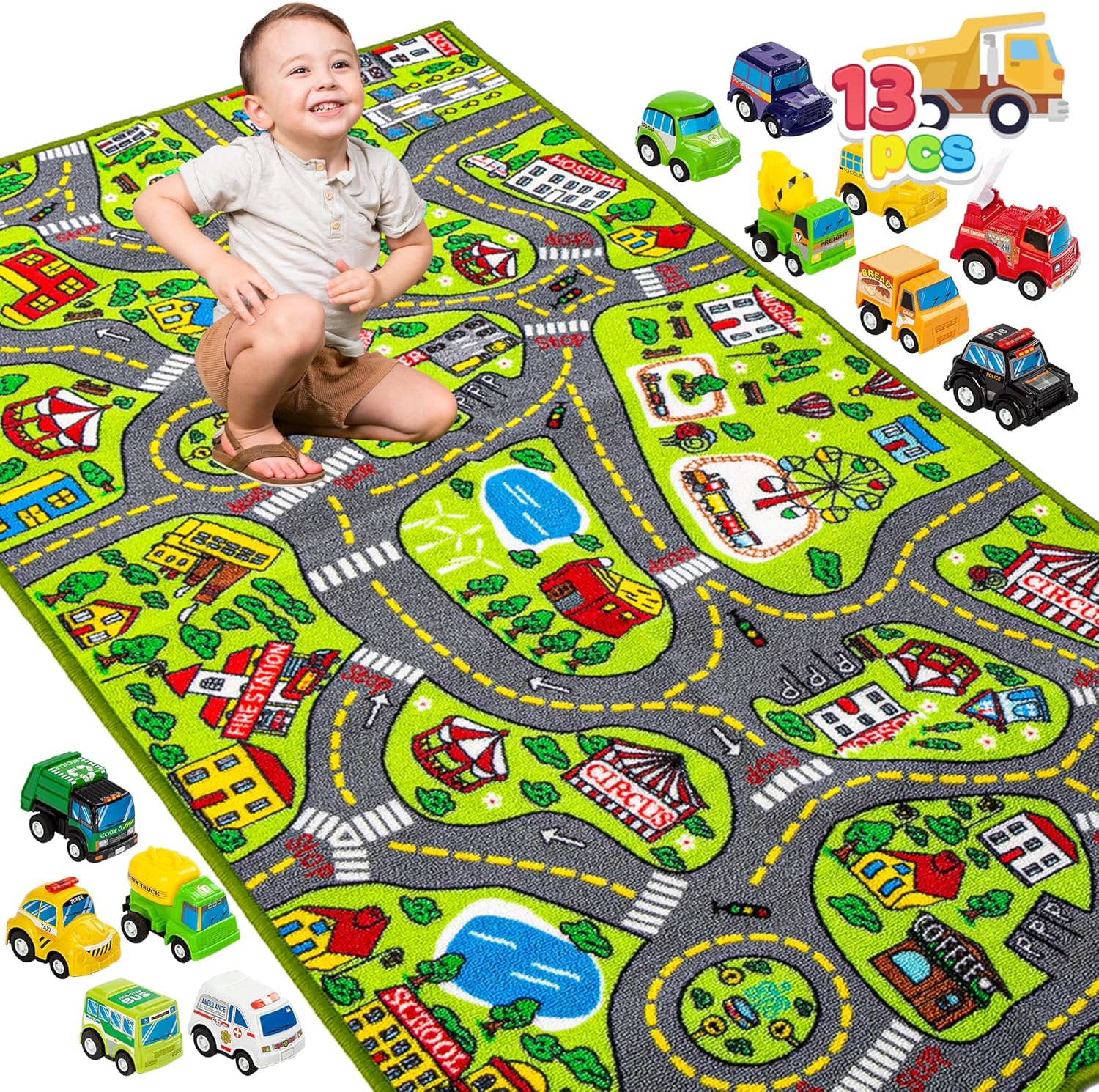 

Carpet Playmat Cars Pull-Back Vehicle Set Kids Age Jumbo Play Room Rug City Pretend Multiple Color JOYFY w 12 for 3 Kid Friendly Entertaining Fun Safe