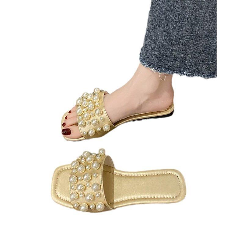 Large size pearl flat bottom sandals women's summer new square head casual wear one-word slippers