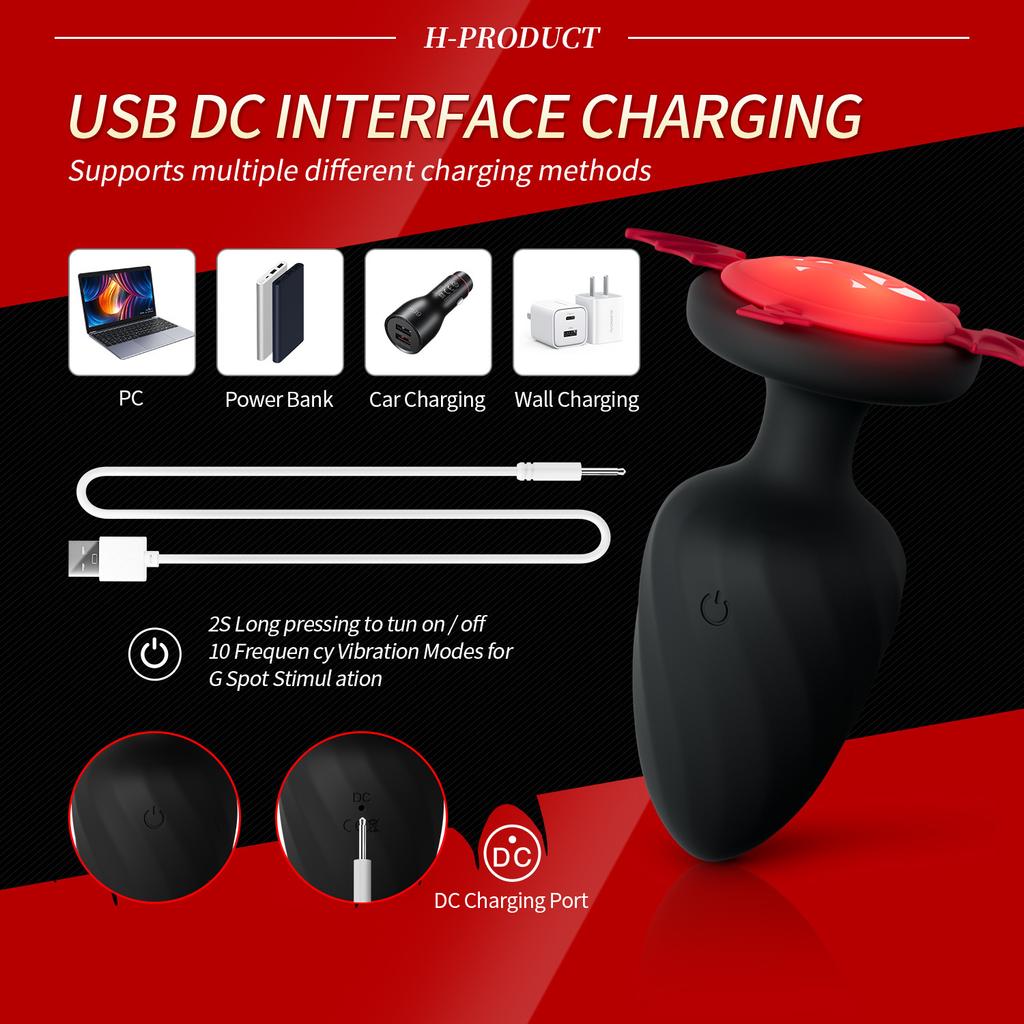 Luminous Devil Tail Silicone Electric Anal Plug LED Wireless Remote Control Vibrator Butt Plug Couple Penetration Adult Sex Toys