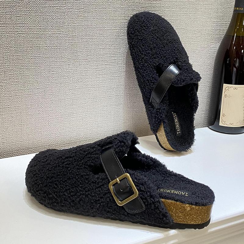 Móda 2025 Zimní Teplé Dámské Ploché S Huňatými Botami Módní Sponový Pásek Dámské Nazouváky Kožešinové Pantofle Ležérní Venkovní Vnitřní Dámské Nazouváky