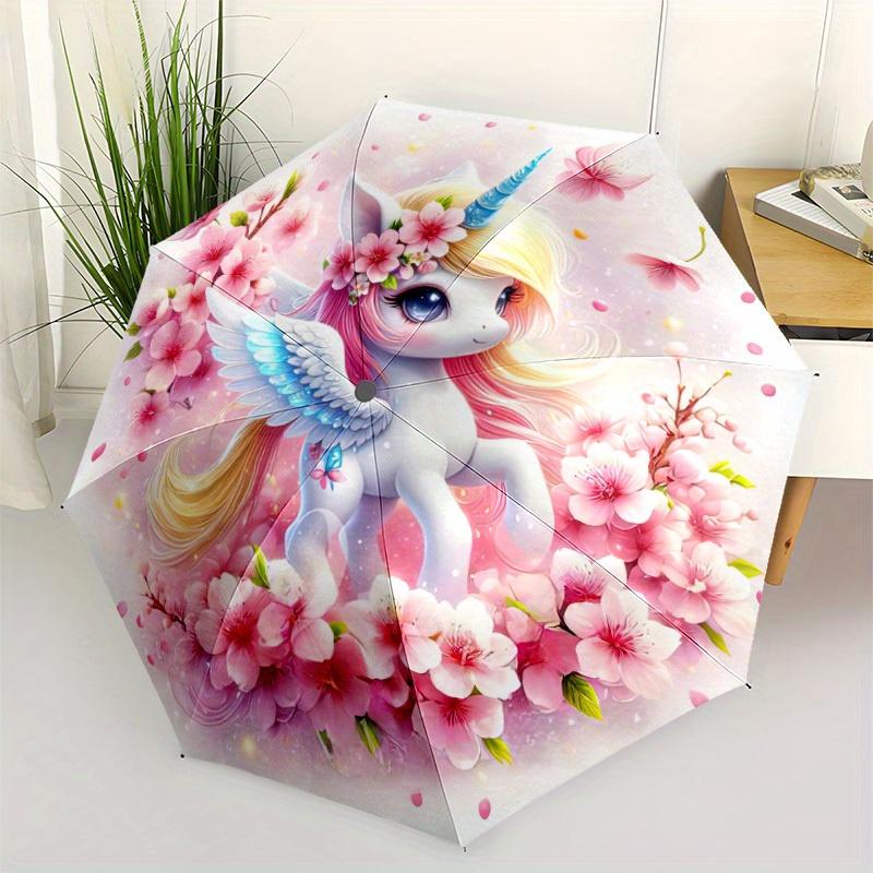 Fantasy Unicorn Floral Automatic Folding Umbrella Compact Lightweight Retractable Design With 8 Ribs For Outdoor Travel And Festive Giftingt60