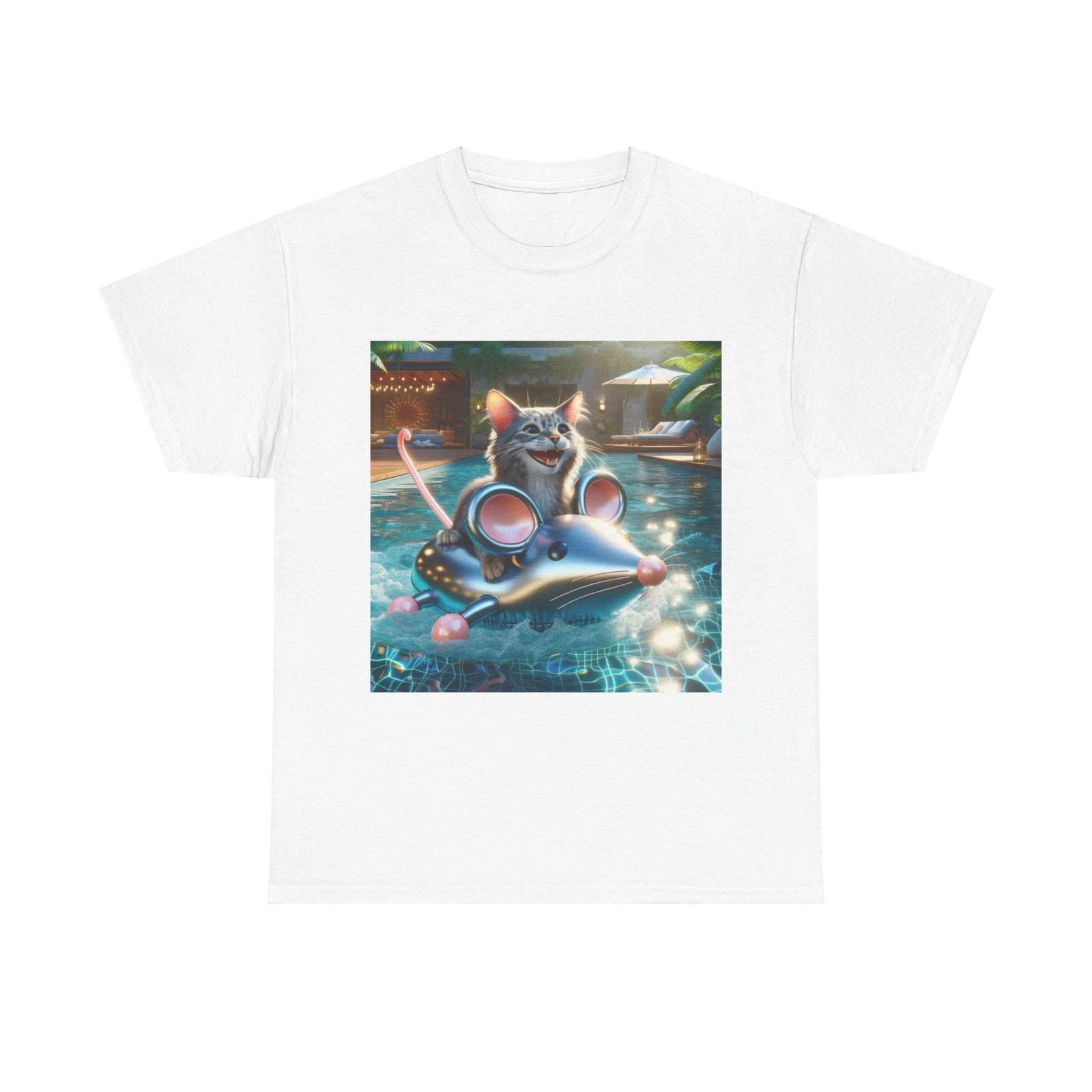Unisex Adult T Shirt Smiling Cat Inflatable Mouse Pool Art XL
