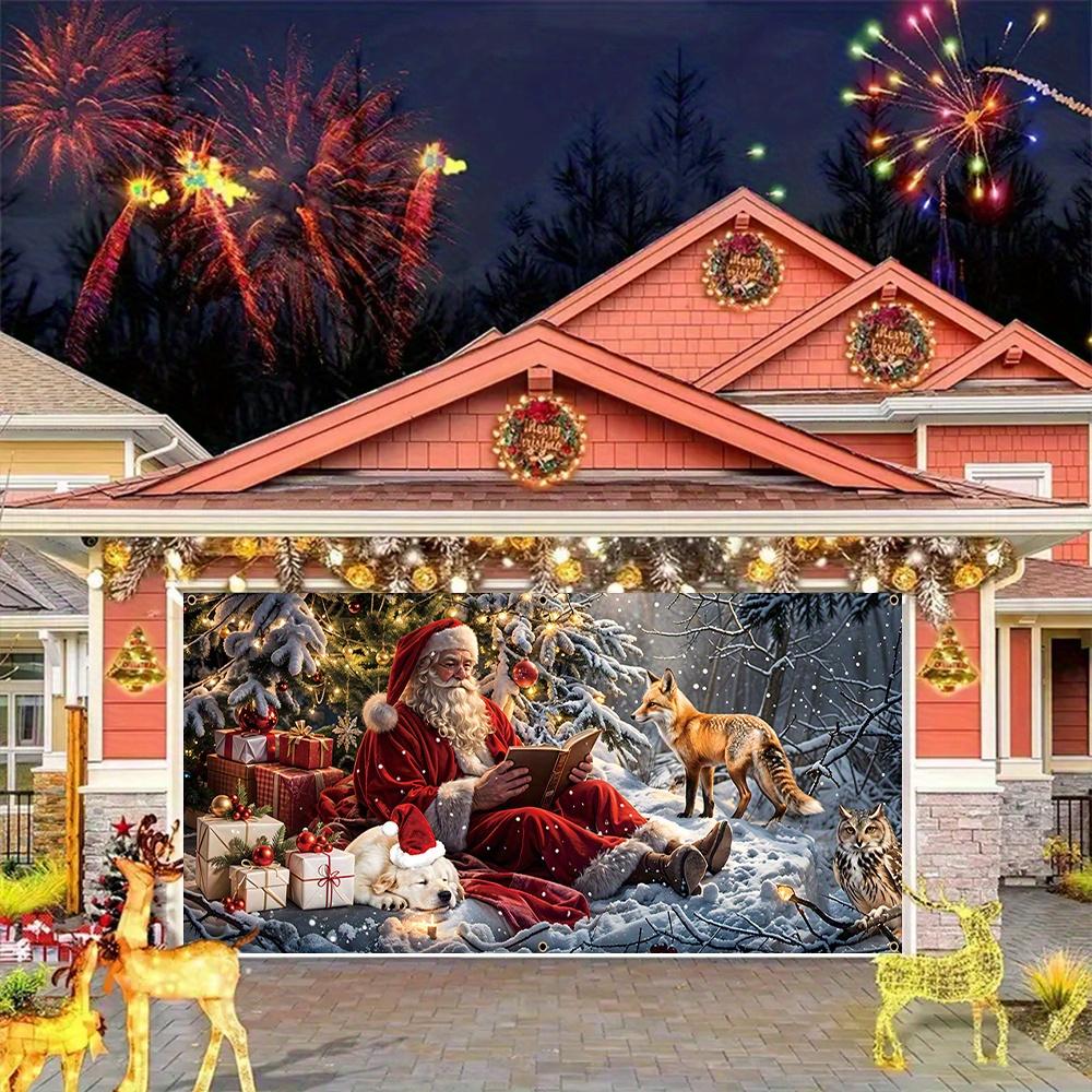 Weihnachts-Garagentor-Banner, Weihnachtsmann liest Geschenk