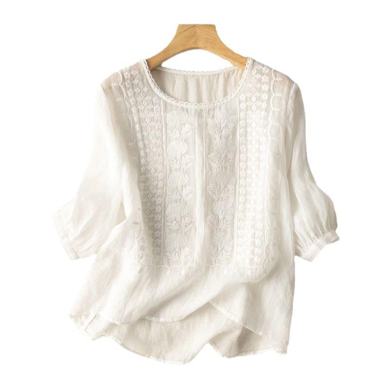 Southeast Asia Thin Noble Embroidery Women's Retro Cotton Linen Short Sleeve T-shirt